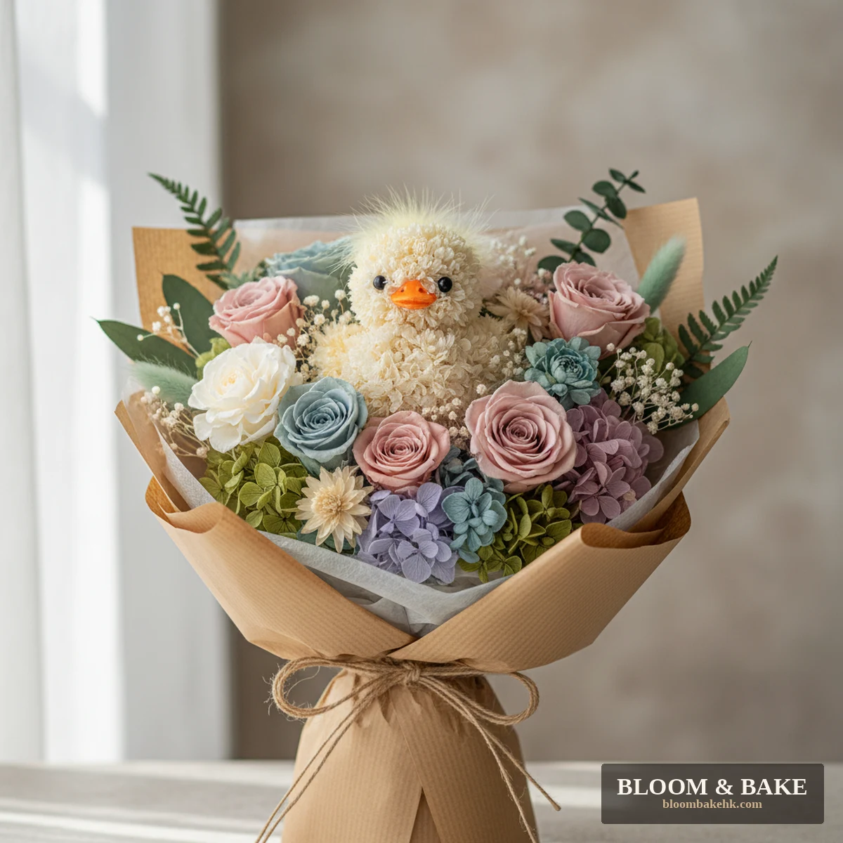 鮮花花藝 畢業永生花 – 小鴨花束 — Bloom & Bake 香港 鮮花花藝 精品圖
